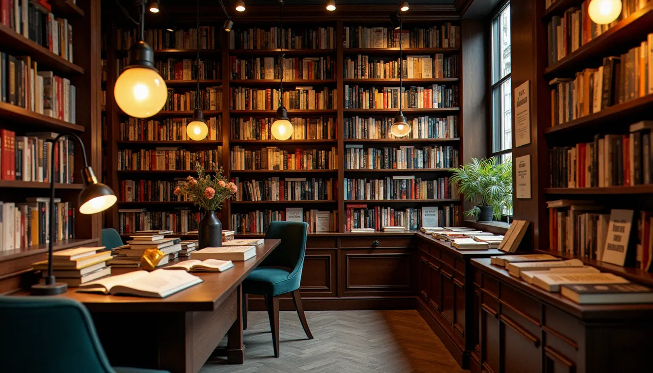 Intérieur d'une librairie indépendante parisienne avec rayonnages en bois chargés de livres de poche littéraires, représentant l'univers des éditeurs comme les éditions Allia