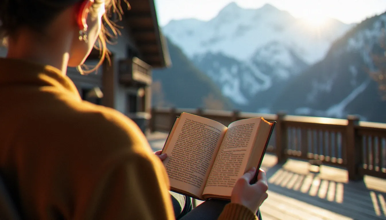 Lecteur installé sur une terrasse de chalet suisse en Valais lisant un ouvrage de littérature exigeante, avec les sommets enneigés en arrière-plan et une lumière dorée de fin d'après-midi
