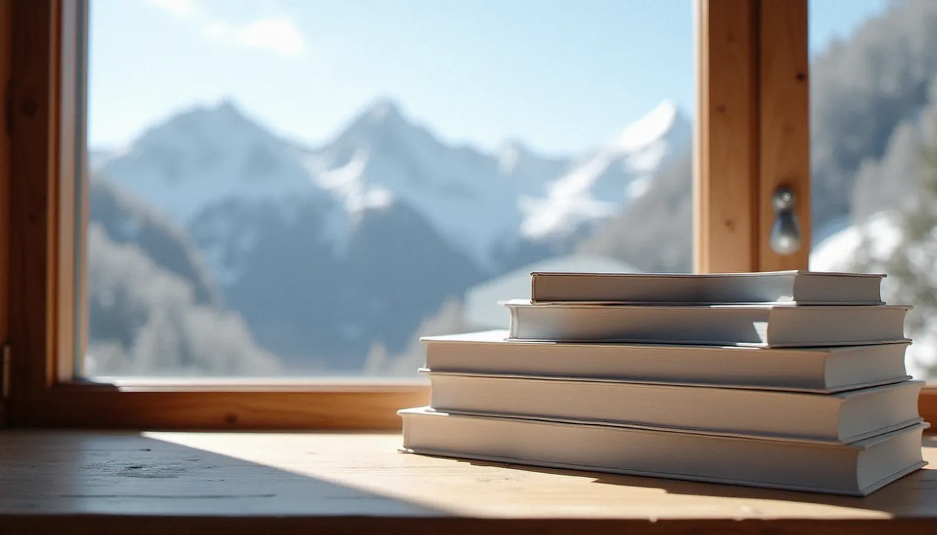 Pile de livres aux couvertures minimalistes caractéristiques d'une maison d'édition indépendante comme les éditions Allia, posés sur un bureau en bois avec vue sur les Alpes