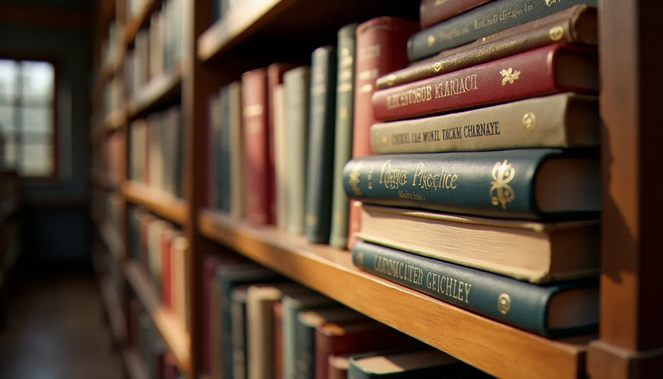 Pile de romans classiques français aux couvertures sobres sur une étagère de bibliothèque, rappelant l'esthétique des éditions Calmann-Lévy