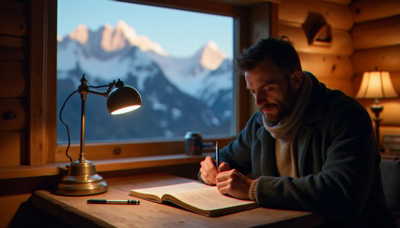 Écrivain travaillant sur un manuscrit dans un chalet alpin avec vue sur les sommets enneigés, illustrant l'inspiration territoriale des auteurs littéraires