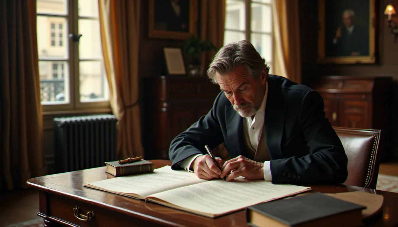 Bureau d'auteur parisien avec manuscrit et livre relié évoquant l'univers d'un auteur publié par les éditions Calmann-Lévy
