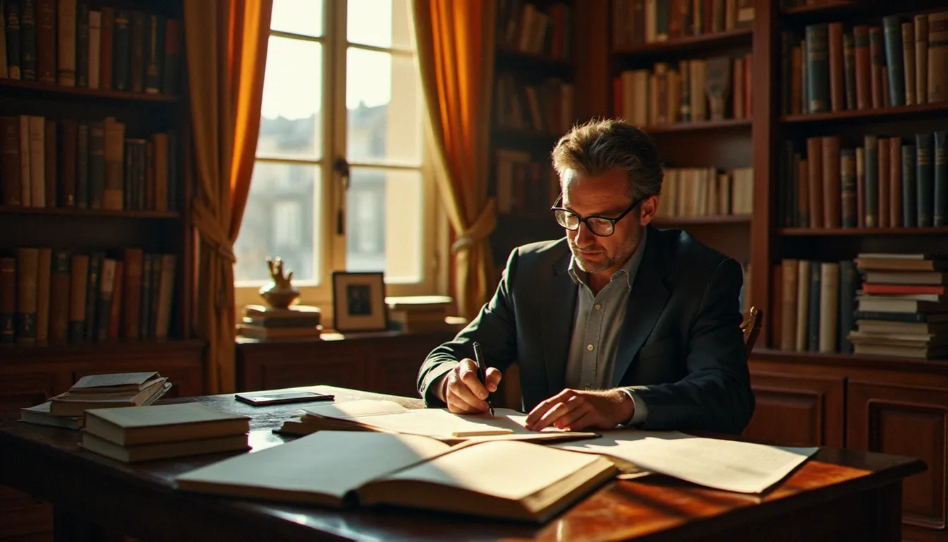 Éditeur littéraire lisant attentivement un manuscrit dans une bibliothèque parisienne, illustrant le prestige et la rigueur des Éditions du Seuil