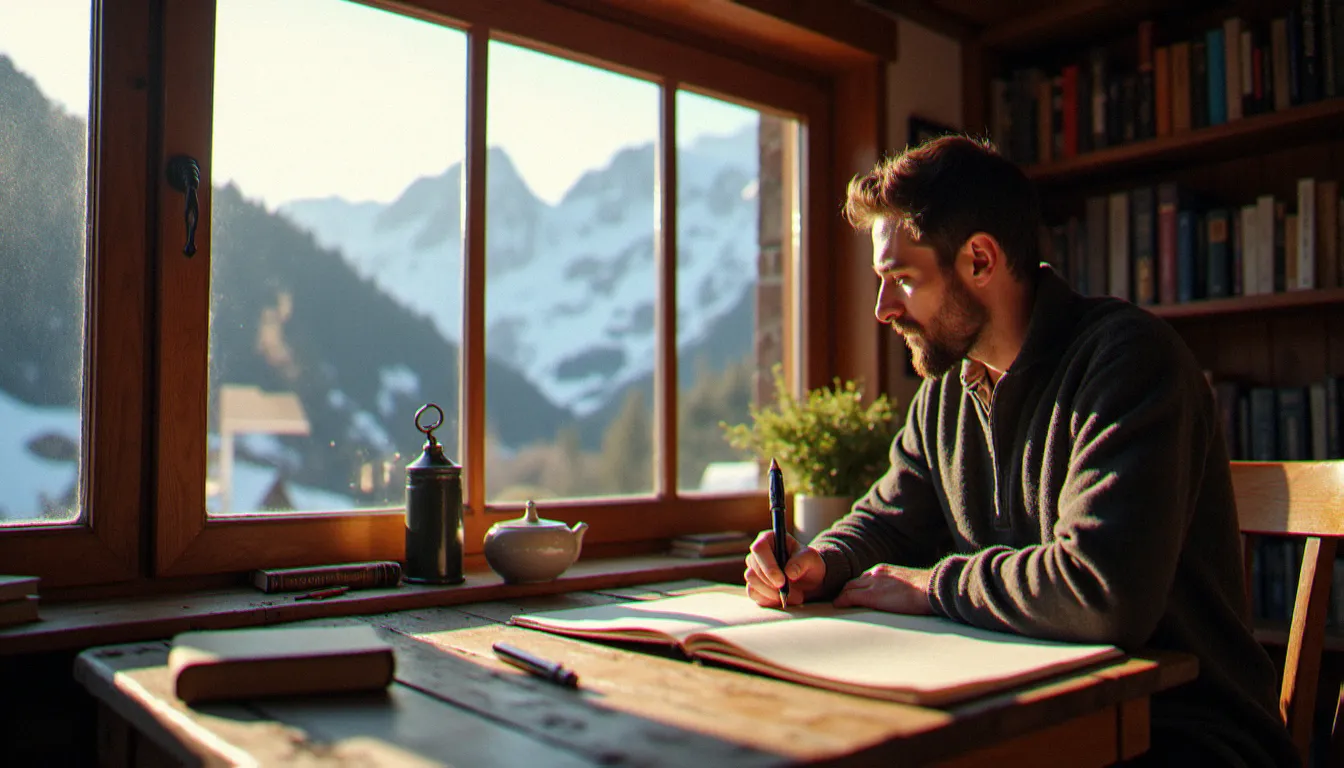 Auteur publié par les Éditions du Seuil travaillant son manuscrit dans un chalet alpin avec vue sur les sommets enneigés du Valais