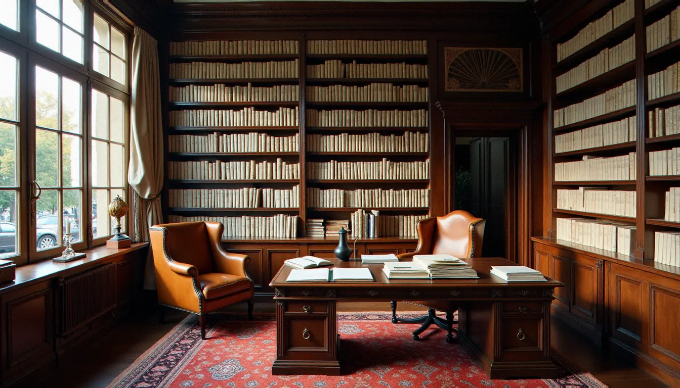 Bureau éditorial parisien classique avec des rayonnages de livres du sol au plafond, une pile de manuscrits sur un bureau ancien, évoquant l'atmosphère des grandes maisons d'édition françaises