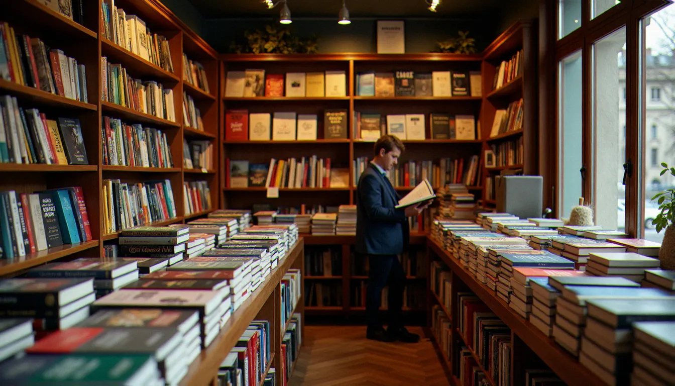 Intérieur d'une librairie indépendante avec des étagères de livres de poche français, reflétant les collections des éditions Payot et Rivages