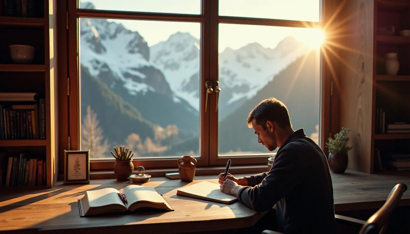 Écrivain travaillant à son manuscrit face aux montagnes alpines, dans l'atmosphère studieuse d'un chalet de montagne suisse
