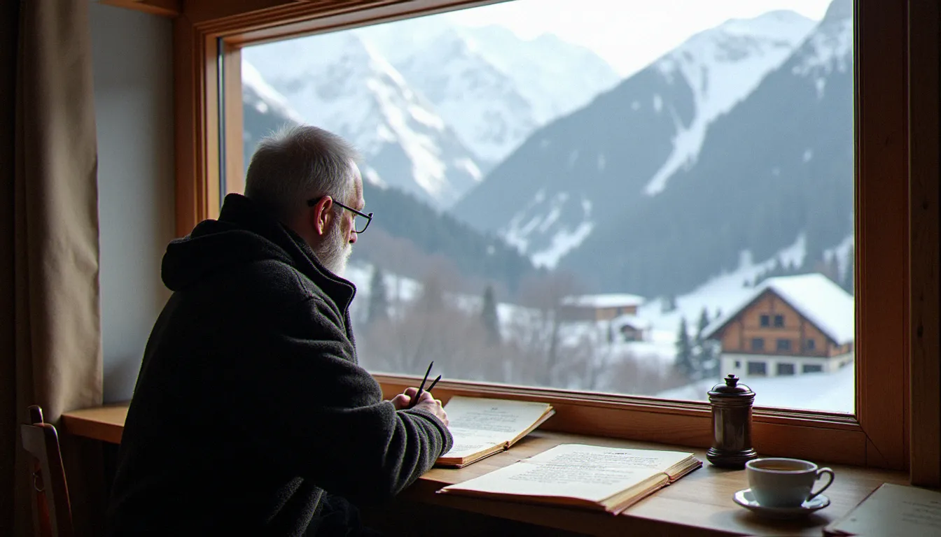 Écrivain travaillant à son manuscrit face aux sommets du Valais suisse, illustrant le lien entre altitude et création littéraire