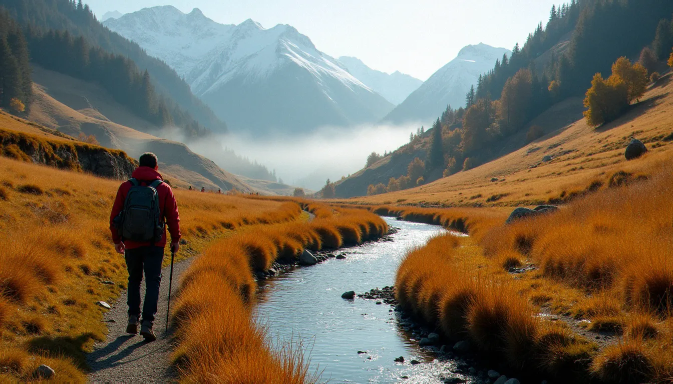 Randonneur sur un bisse médiéval en automne en Valais, avec les vignobles en terrasses et les sommets alpins en arrière-plan