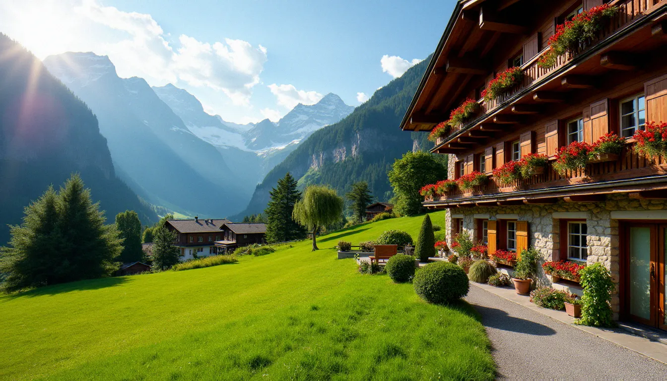 Hôtel-chalet traditionnel en Valais avec vue sur les sommets alpins, illustrant l'hébergement et les expériences en Valais