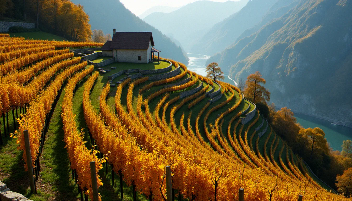 Terrasses viticoles traditionnelles en Valais suisse à l'automne, vignes en restanques au-dessus de la vallée du Rhône sous une lumière dorée