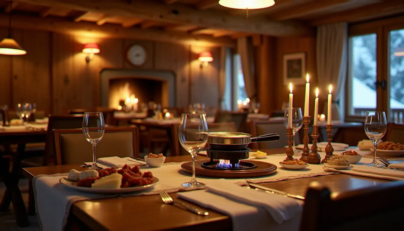 Salle à manger d'un hôtel traditionnel valaisan avec boiseries, raclette sur la flamme et plateau de spécialités locales — ambiance authentique pour un séjour en Valais suisse