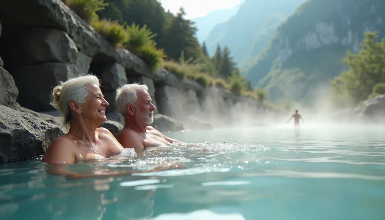Piscines thermales naturelles de Loèche-les-Bains en Valais, avec des baigneurs se soignant dans les eaux sulfureuses minérales au pied des falaises alpines