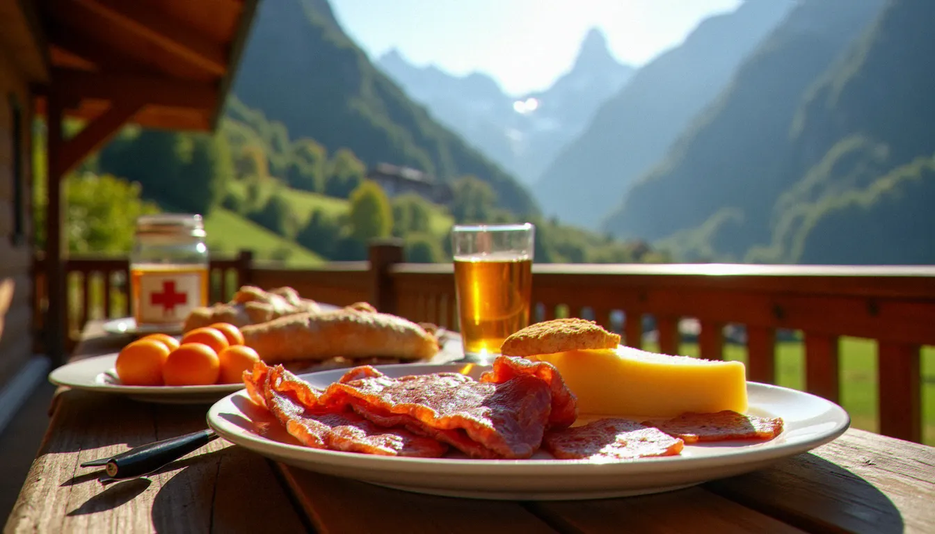 Plateau de spécialités culinaires valaisannes traditionnelles sur une terrasse en bois, avec viande séchée, raclette AOP et pain de seigle, devant un panorama de vallée alpine ensoleillée
