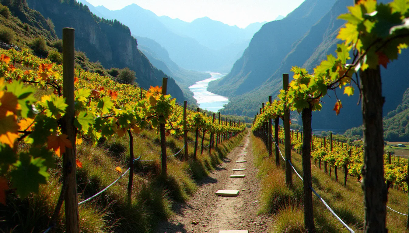Sentier de randonnée traversant les vignes en terrasses du Valais suisse, avec vue plongeante sur la plaine du Rhône depuis les hauteurs de Veyras