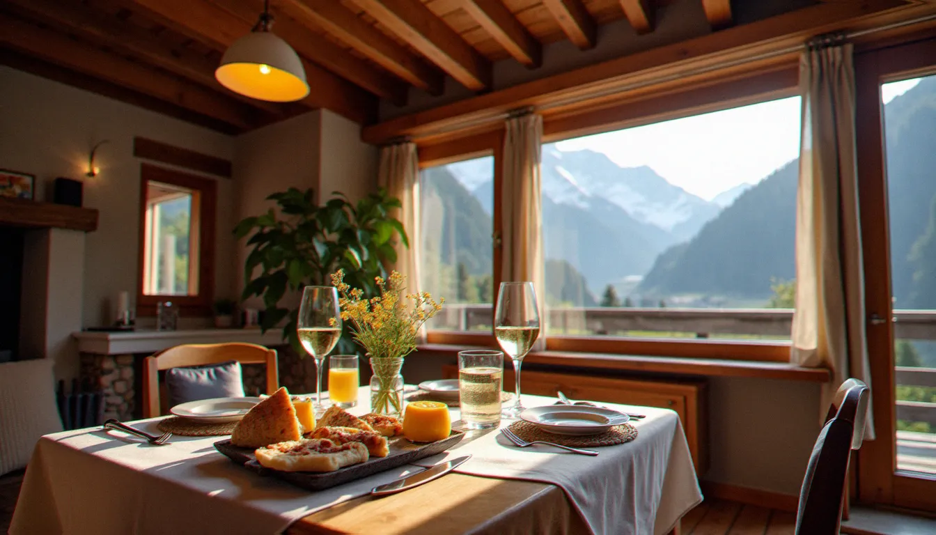 Intérieur chaleureux d'un hébergement authentique en Valais suisse, avec vue sur les Alpes et les vignobles depuis la fenêtre, ambiance typique d'un séjour à Veyras
