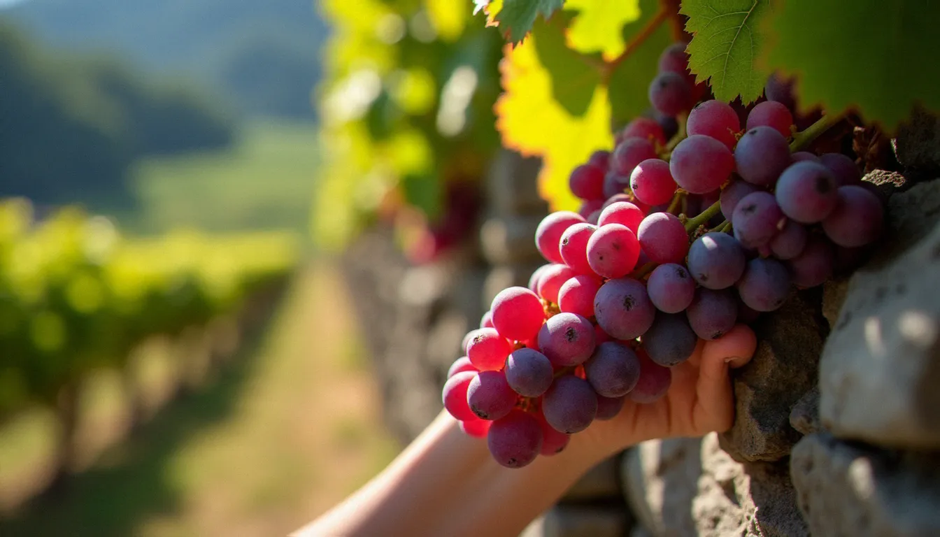 Grappes de Cornalin et Pinot Noir mûrissant sur les murs en pierre des vignobles en terrasses de l'appellation Noble-Contrée, Valais suisse